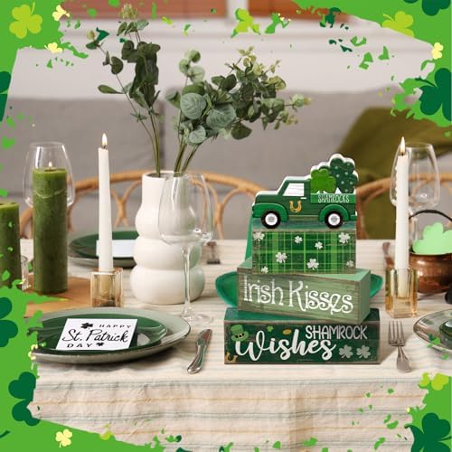 Lineshading 4 Pcs Wooden Shamrock Tiered Tray Decor St Patrick Block Signs