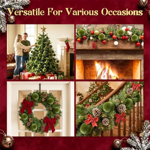15 Pcs Green Velvet Christmas Ball Ornaments,3.15 Xmas Hanging Ornaments