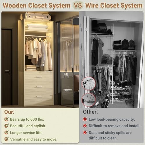 Besiost Freestanding Closet System with 3 Drawers, Wood Closet Organizer