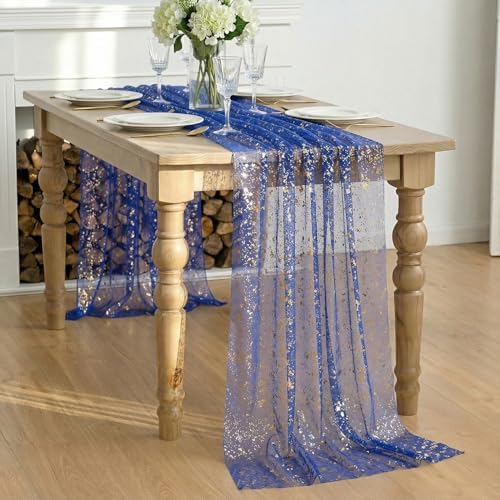 Artoid Mode Blue Gold Gauze Table Runner 59x120 Inch 10FT, Glitter Metallic Foil Sheer Dining Wedding Anniversary Holiday Table Decor for Home Party