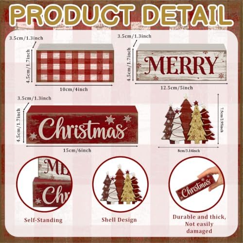 Moucuny 4 Pcs Christmas Table Decor Rustic Merry Wooden Christmas Tree Sign