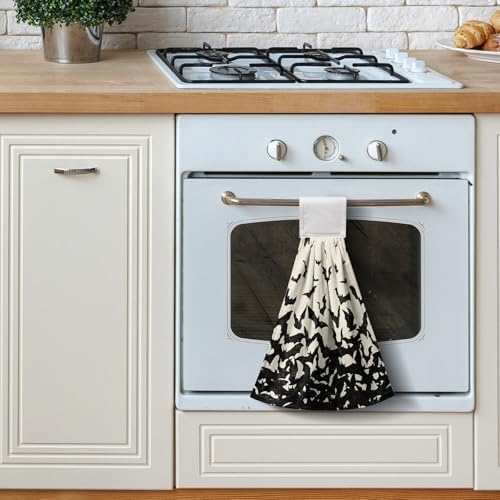 2 Pcs Halloween Black Bats Hanging Kitchen Towels Hand Towel with Hanging Loop Holiday Dish Tie Towel Soft Absorbent Fingertip Bath Towel for Bathroom Farmhouse Decor