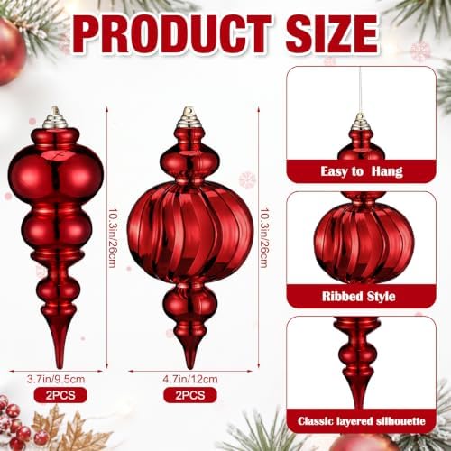 4 Pcs Large Christmas Finial Porch Ornaments 10.3 Inch Red Finial Decor