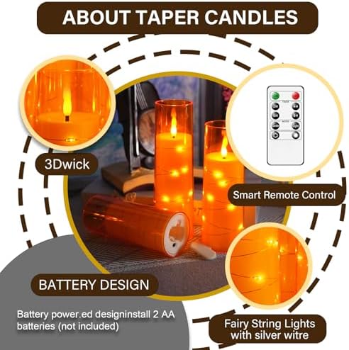kakoya Flameless LED Candles with Timer 9 Pc Flickering Flameless Candles for Romantic Ambiance and Home Decoration Stable Acrylic Shell,with Embedded Star String，Battery Operated Candles（Orange）