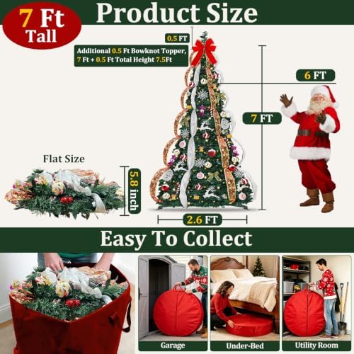 7 FT Prelit Pop Up Christmas Tree with 250 Warm White & Multicolor Lights 8 Modes & Timer Fully Decorated 103 Ornaments, Collapsible Pull Up Christmas Tree with Lights for Indoor Home Party Decor