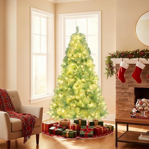 HAPPYGRILL 6 FT Pre-lit Tinsel Christmas Tree Artificial Xmas Tree with 250 LED Lights, 8 Modes, 688 Fruit Green Branch Tips, Folding Metal Stand, Seasonal Holiday Tree for Home Office Party