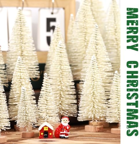 30Pcs Mini Christmas Trees Artificial Christmas Tree Bottle Brush Trees with Wooden Base for Christmas Decor Christmas Party Home Table Craft Decorations(Beige)
