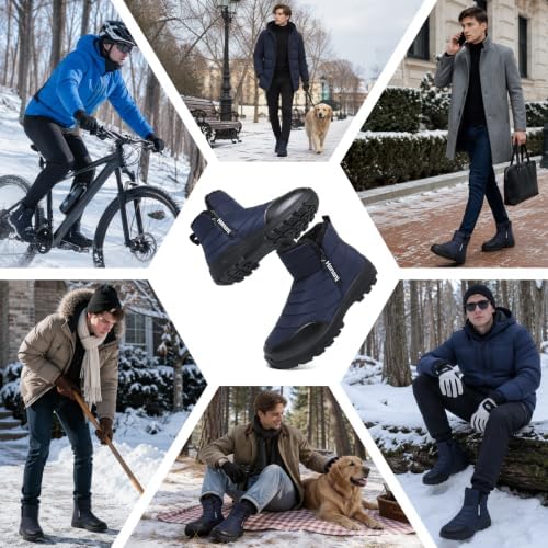 Hanani Mens Winter Snow Boots Fur Lined Warm Ankle Boots Zipper Closure Waterproof Outdoor Boots Men's Lightweight Comfortable Shoes