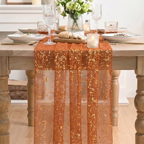 Artoid Mode 3PCS Caramel Gauze Gold Table Runner 120 Inch 10FT, Glitter Metallic Foil Sheer Dining Wedding Anniversary Holiday Table Decor for Home Party