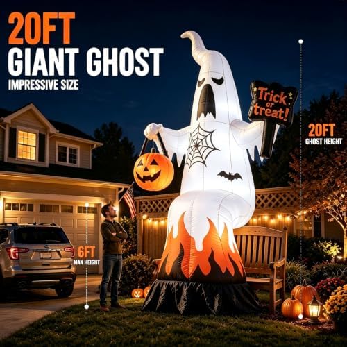 20 FT Halloween Inflatables Ghost Outdoor Decorations Blow Up Yard Ghost with Trick or Treat Sign & Pumpkin Lantern, Built-in LED Lights Inflatable Decor for Garden Lawn Indoor Party Decor