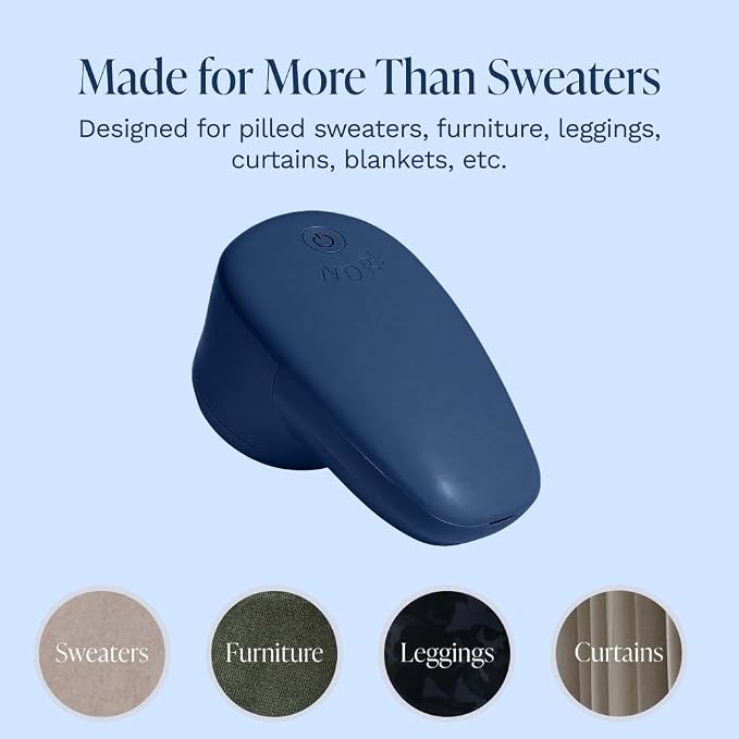 Nori Trim Fabric Shaver - Lint Remover for Clothes & Furniture - Navy | Couch pilling, sweater pill remover, clothes shaver with 6 precision blades, wireless and rechargeable