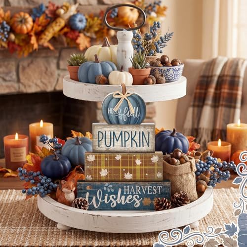 Lineshading 4 Pcs Blue Pumpkin Wooden Block Signs Fall Farmhouse Decor