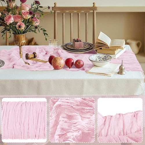 12 Pack Cheesecloth Table Runner 10Ft Christmas Gauze Boho Table Runners for Wedding Decor Bridal Shower Decorations Baby Shower Party(35" x 120")(Blushing Pink)