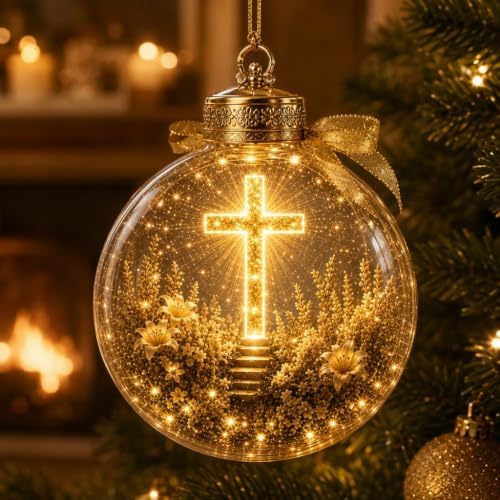 Illuminated Scripture Keepsake Ornament, Lighted Hanging Decoration with Bible Verse, Religious Themed Holiday Ornament, Transparant Ball with 2D Flat Sheet for Christmas Tree Home Display，A