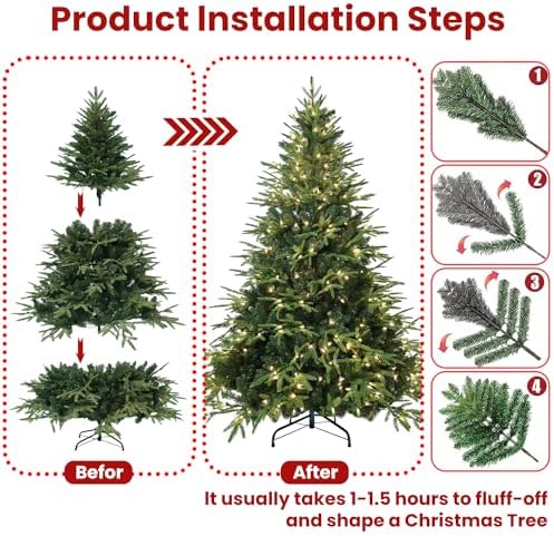 YUNKE Pre-Lit Artificial Christmas Tree with 650 Lights & 3135 Fluffy Tips