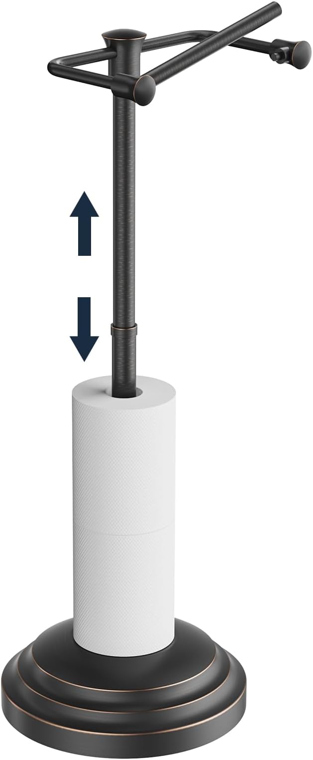 Bathroom Toilet Paper Holder Stand, Oil Rubbed Bronze Toilet Paper Holder Free Standing, Stainless Steel Pivoting Toilet Tissue Roll Holder，Adjustable Height (14 to 24 Inch) Paper Holder