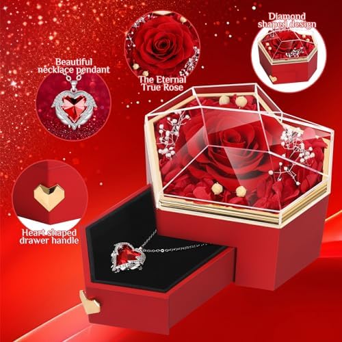Preserved Red Real Rose with Necklace Forever Flowers Diamond Shaped Box for Mom Wife Girlfriend Grandma on Mothers Day Birthday Valentines Christmas Anniversary Beatiful Gifts for Women…