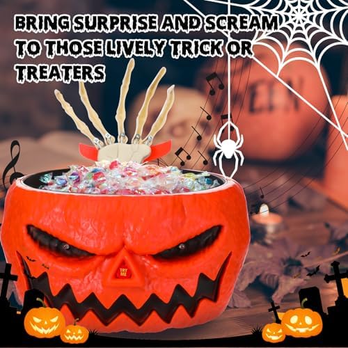 Chalyna Motion Activated Halloween Pumpkin Candy Bowl with Animated Hand
