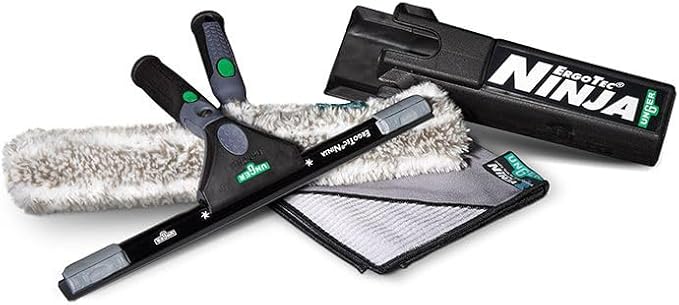 UNGER ErgoTec Ninja Kit 4-in-1: Squeegee, Scrubber, Holder, Cloth | Professional indoor/outdoor window cleaning; WNK12 advanced kit; complete 4-piece system