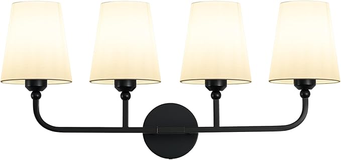 Bathroom Vanity Light, Matte Black Bathroom Light Fixtures, 4-Light Lighting Fixtures Over Mirror, Modern Wall Sconce with Flared White Fabric Shade, E26 Socket(ETL Listed)