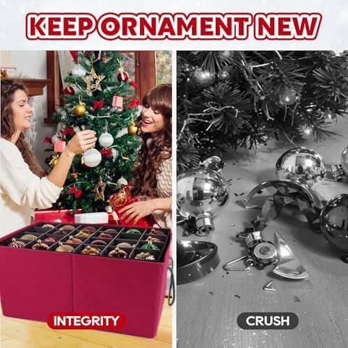 BlessedSeason Christmas Ornament Storage Box，Stackable 3 Drawer Organizers，Max 72 3" Christmas bauble, Adjustable Christmas Ball Storage Container Bins, Red