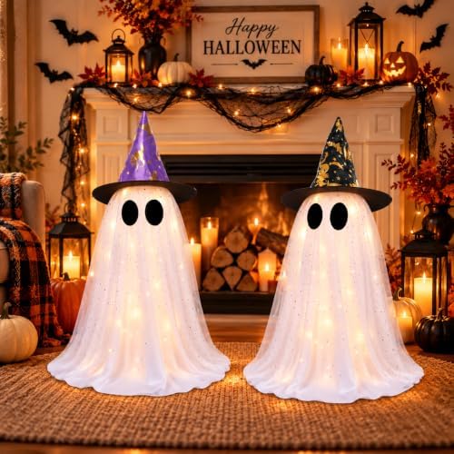 2 Pack Lighted Halloween Ghost Decorations Indoor Outdoor, Cute Glowing Freestanding Ghosts with Witch Hat & Telescopic Stand, 8 Lighting Mode Battery Operated Light Up Spooky Room Tabletop Home Decor