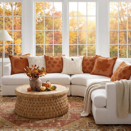 Fall Throw Pillow Covers 18x18 Set of 2 Double-Sided Beige Pumpkin Plush