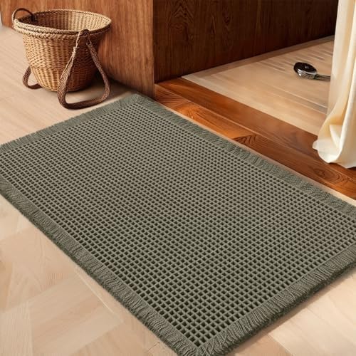 IM HOME Waffle Bath Mat Olive Green 24"x17", Boho Woven Modern Bath Mat Rugs, Absorbent Non Slip Bathroom Rugs, Soft Washable Bath Rugs with Tassels for Bathroom, Bedroom, Kitchen, Shower, Tub