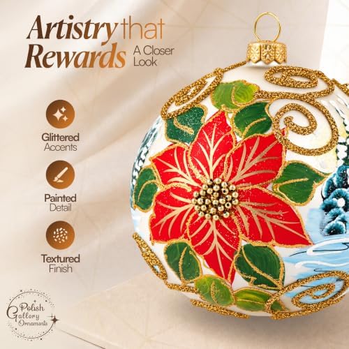 Hand Blown Glass Christmas Ornaments Ball, Wintry Red Poinsettia 5 in