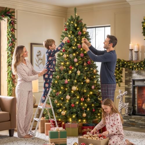 Alupssuc 7FT Prelit Christmas Tree, Warm White Lights, Hinged Branches