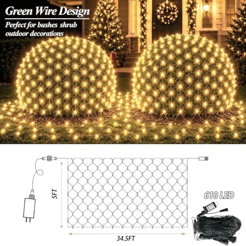 Lovelite 610LED Net Lights, 34.5ft x 5ft Christmas Net Lights Outdoor 8 Modes, Waterproof Connectable String Lights Green Wire Plug in for Bushes Xmas Tree Garden Holiday Party Decor - Warm White