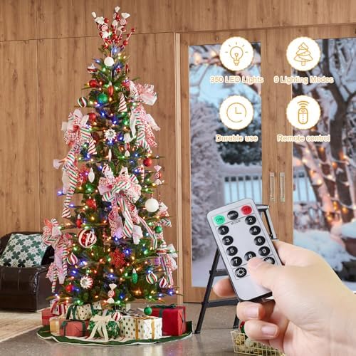 Glitzhome 7.5ft Artificial Prelit Christmas Tree, Cascade Evergreen Slim Christmas Tree with 350 Strawberry Lights,998 PE&PVC Tips, 9 Functional Warm White/Multi-Color, Remote Controller