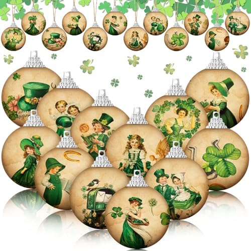 Outus 16 Pcs Vintage St. Patrick's Day Tree Ornaments Ball St. Patrick's Day Decorations for Tree Vintage Style Shamrock Luck Irish Hanging Ornaments Farmhouse Home Decoration Holiday Party Favors