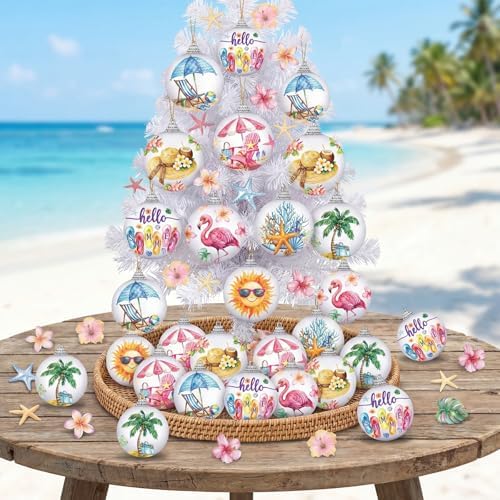 Outus 16 Pcs Coastal Christmas Ball Ornaments, Beach Flamingo Hanging Decor