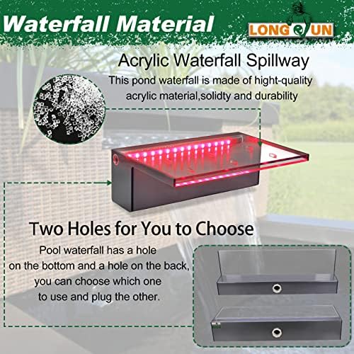LONGRUN Waterfall Spillway Multi-Color LED Light Outdoor Pool Fountain, Acrylic Water Spillway Koi Pond Waterfalls Fountains Kit for Garden Patio Swimming Pool Koi Ponds Decoration-11.8"