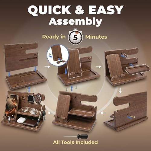 TESLYAR Wood Phone Docking Station for Men - Desk or Nightstand Organizer - Birthday Gifts for Husband or Dad - Anniversary Idea from Wife - Key Holder, Stand Wallet, Watch & Essentials (Earth Beige)