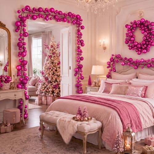 2 Pcs 6 ft Christmas Ball Ornament Garland, Hot Pink