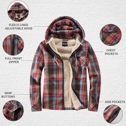 Elesuit Men's Full Zip Fleece Flannel Jacket Shirt Plaid Cotton Hoodie Coat