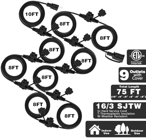 K KASONIC Outdoor Extension Cord 75 FT, Evenly Spaced 9 Outlets, Black