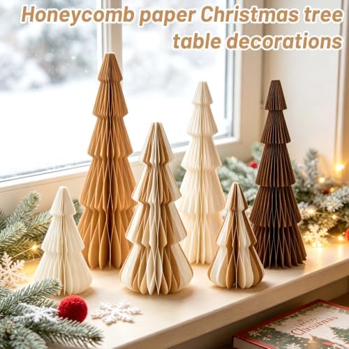 SUNBEAUTY Paper Christmas Trees,Neutral Christmas Honeycomb Tree Centerpiece，3D Modern Table Decoration for Xmas Holiday Party,New Year（Brown