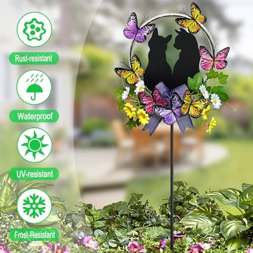 Cat Solar Light Outdoor Garden,Cat with Butterfly Flower Colorful LED Decor