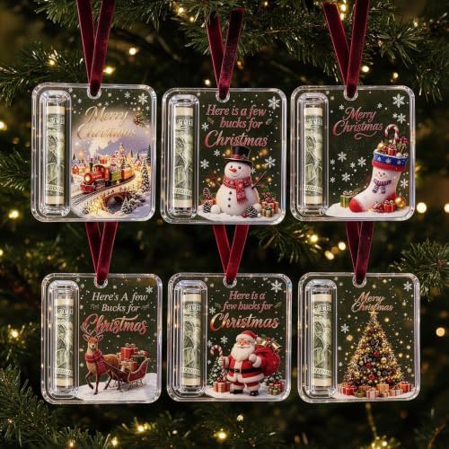 6PCS Christmas Cash Gift Ornament, Acrylic Christmas Money Holders for Cash