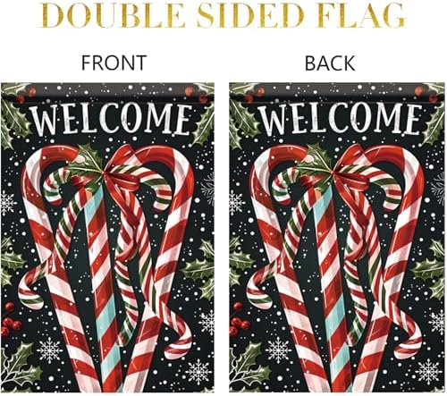Christmas Garden Flag Candy Cane Flag Welcome Holiday Yard Banner 12x18 Inch Double Sided Winter Xmas Outdoor Lawn Decoration Seasonal House Porch Patio Decor for Farmhouse Outside