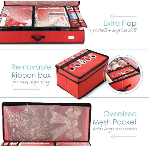 Hearth & Harbor Wrapping Paper Storage Container - Christmas Storage Bag with Ribbon Dispenser and Interior Pockets - Gift Wrap Organizer Fits Up to 26 Rolls of 40" Length, Red
