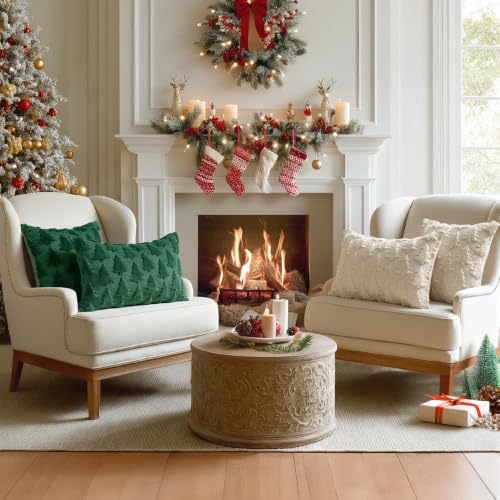MIULEE Christmas Throw Pillow Covers Lumbar Beige Christmas Decorations Xmas Tree 16x24 Pillow Covers Soft Plush Faux Wool Pillowcases Holiday Festivals Winter Home Decor Sofa Couch Bed Porch