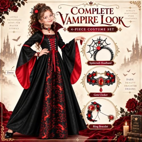 Girls Vampire Costume, Vampiress Dress with Headpiece, Necklace and Bracelet, Halloween Cosplay Outfit for Kids