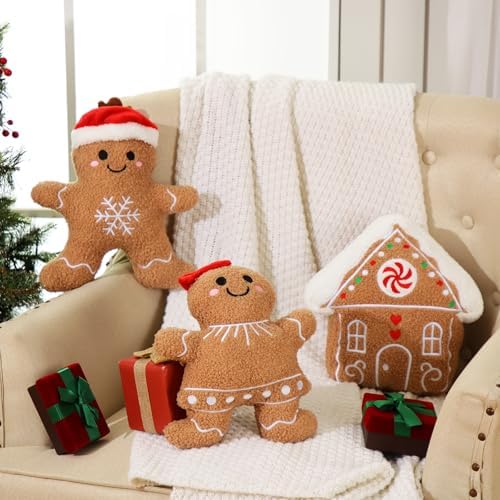 Konohan 3 Pcs Christmas Gingerbread Man Throw Pillows for Christmas Decor