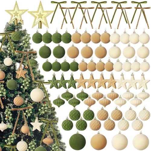 Hollowfly 95 PCS Velvet Christmas Tree Decor Set, Green, Brown, Beige