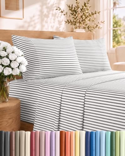 Queen Size 4 Piece Sheet Set - Breathable & Cooling Sheets - Grey Stripes