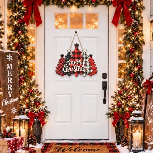 Christmas Decorations Buffalo Plaid Christmas Tree Hanging Wooden Sign